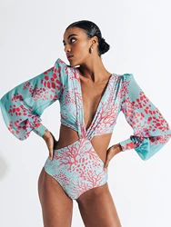 2024 New Plus Size Printed Long Sleeve Swimwear Women One Piece Swimsuit Female Deep V Bodysuit Bathing Suit Beachwear Swim Suit