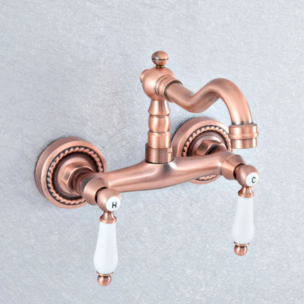 

Antique Red Copper Dual Handle Dual Hole Wall Mount Swivel Spout Kitchen Sink Faucet Bathroom Basin Cold Hot Water Taps Dsf884