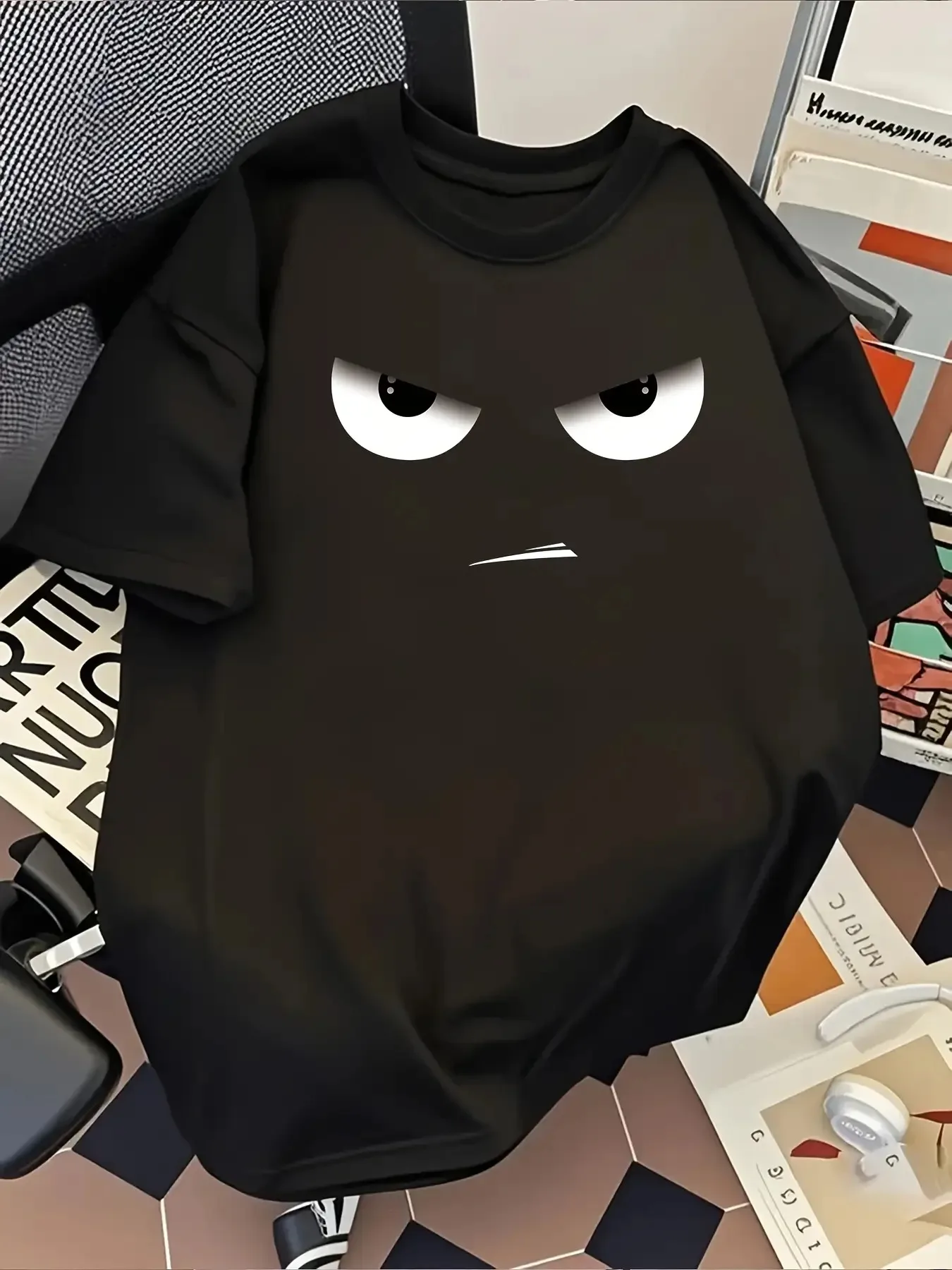 100% cotton men's casual graphic t-shirt - black with a bold angry face print, round neck, short sleeves, regular fit suitable for casual wear, streetwear style, edgy design, soft material, printed top, unisex for young adults, couple style.