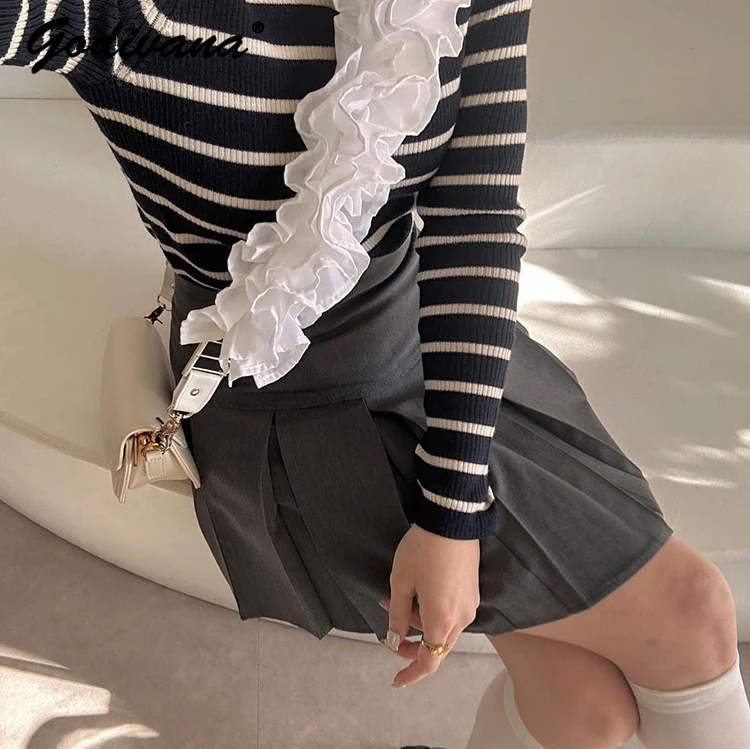 Japanese Style New Frilly Pleated Leather Shoulder Strap Black and White Bag Strap Crossbody Strap Mobile Phone Straps