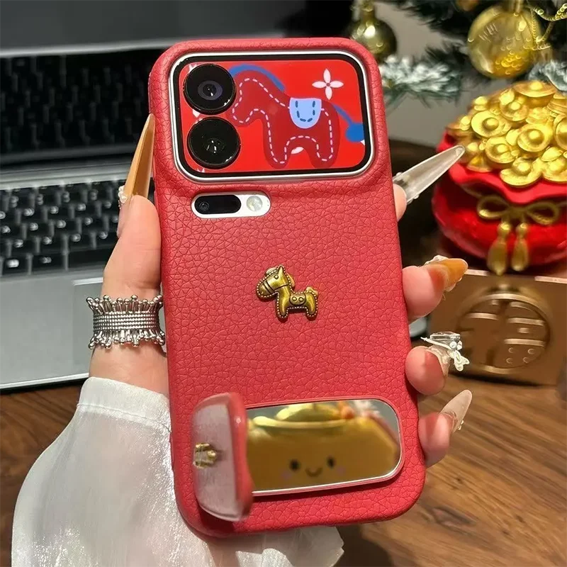 

For iPhone 17 16 15 14 13 12 11 Pro Max Case with Handmade Mirror Stand 3d metal lucky horse back cover