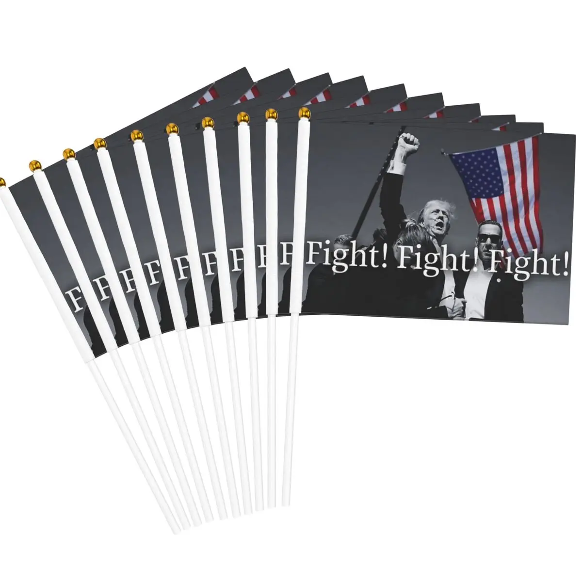 Fight Trump Rally Shooting Flags on Stick 5.5x8.3 inch 10 Pack 2024 Trump Shot Handheld Flags Golden Spear Top