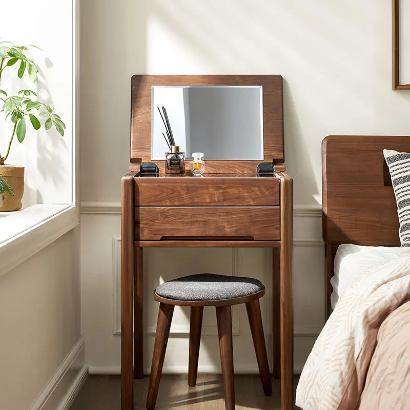 -ee B5057 Nordic Modern Minimalist Small Dressing Table Light Luxury Dressing Table with Mirror (reversible) Black Walnut