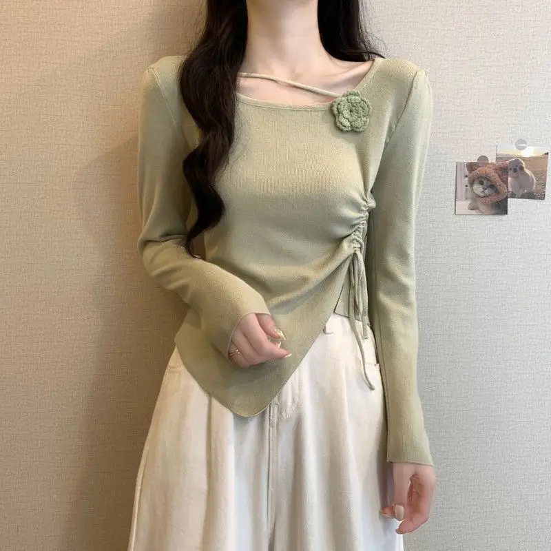 Floral Knitted Long Sleeve Women's Top with Waist-Cinching Drawstring Versatile Fashionable Spring Autumn  Style