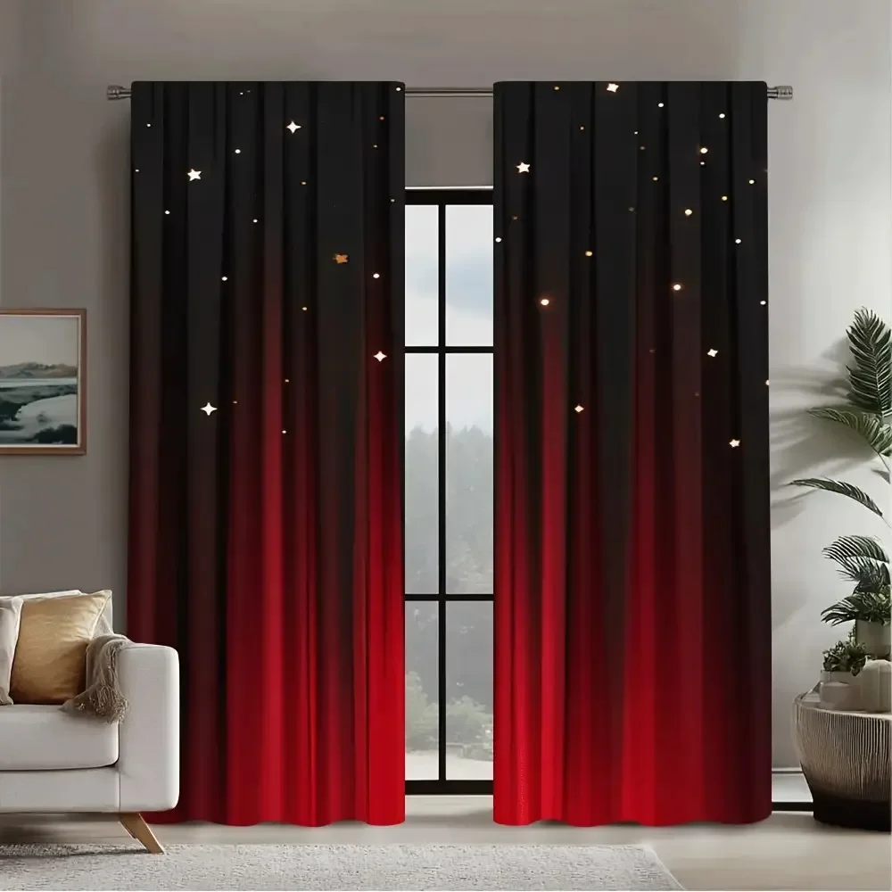 2pcs 2D Flat Black Red Gradient Starry Night Sky Curtains Blackout Window Drapes For Bedroom Living Room Romantic Galaxy Theme