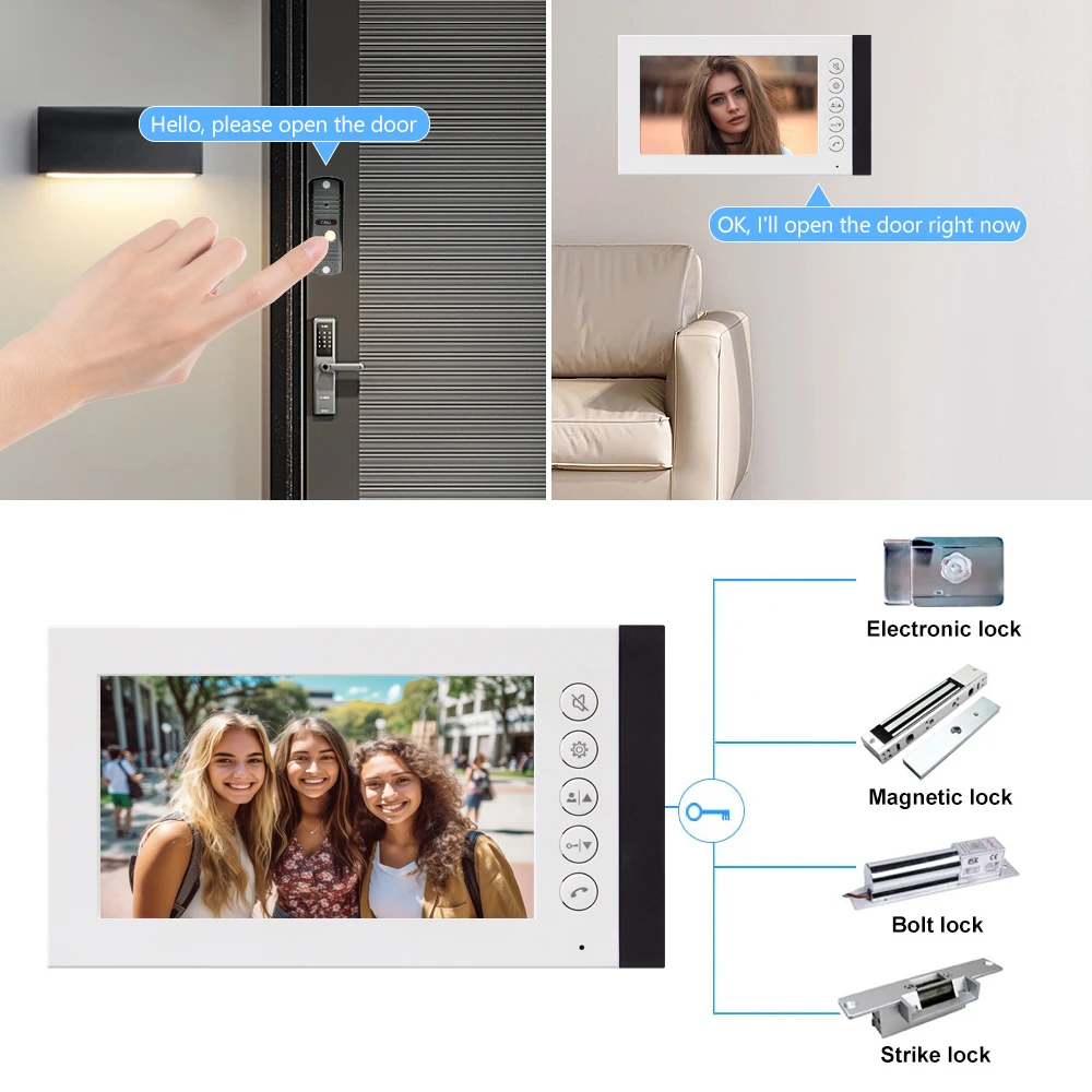 Sistema de Controle Eletrônico de Acesso Visual, Home Door Bell, Monitoramento com Fio, Villa Alta Definição, Visão Noturna Inteligente 1080P