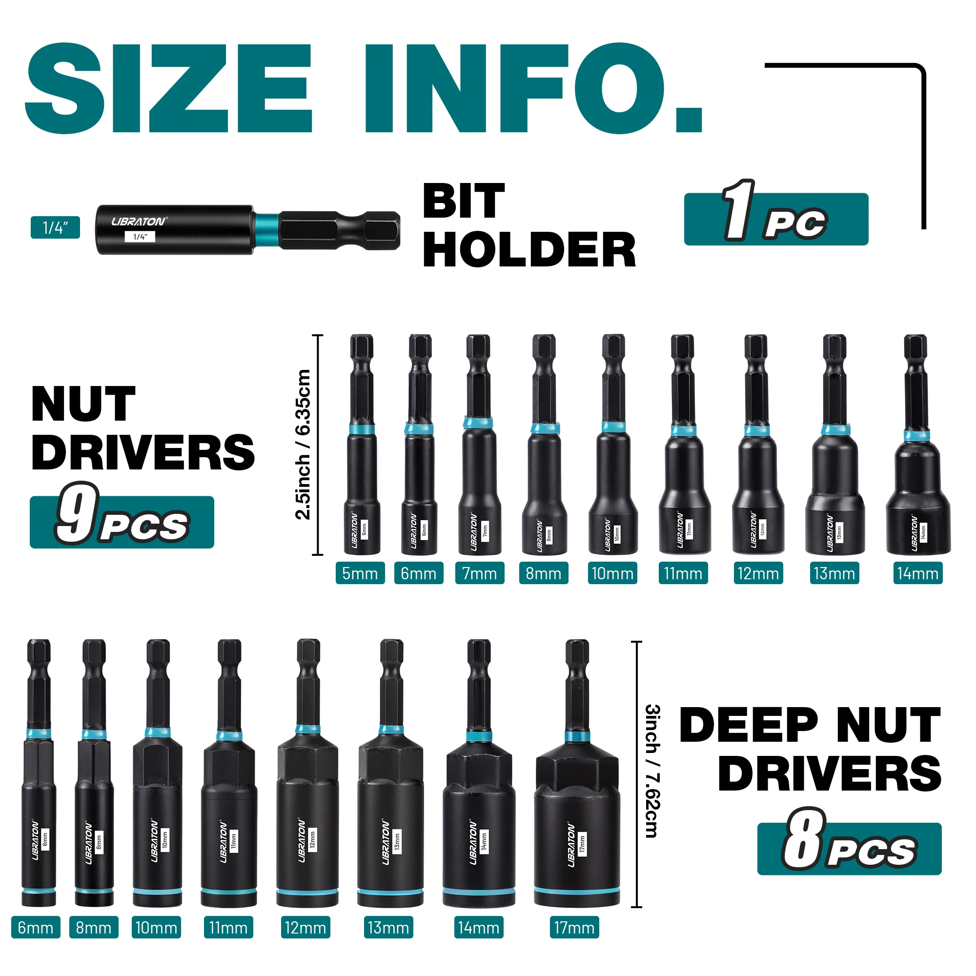 16/18PCS Magnetic Nut Driver Set SAE/Metric Impact Nut Driver Set 1/4