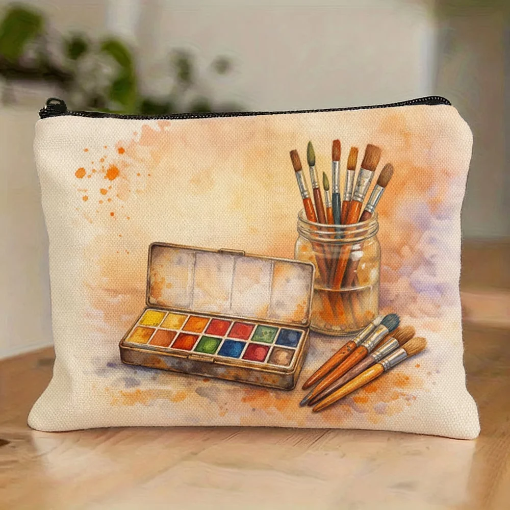 Watercolor painting tools printed cosmetic bag with zipper closure. Stylish, lightweight & durable, unisex multi-purpose pouch f