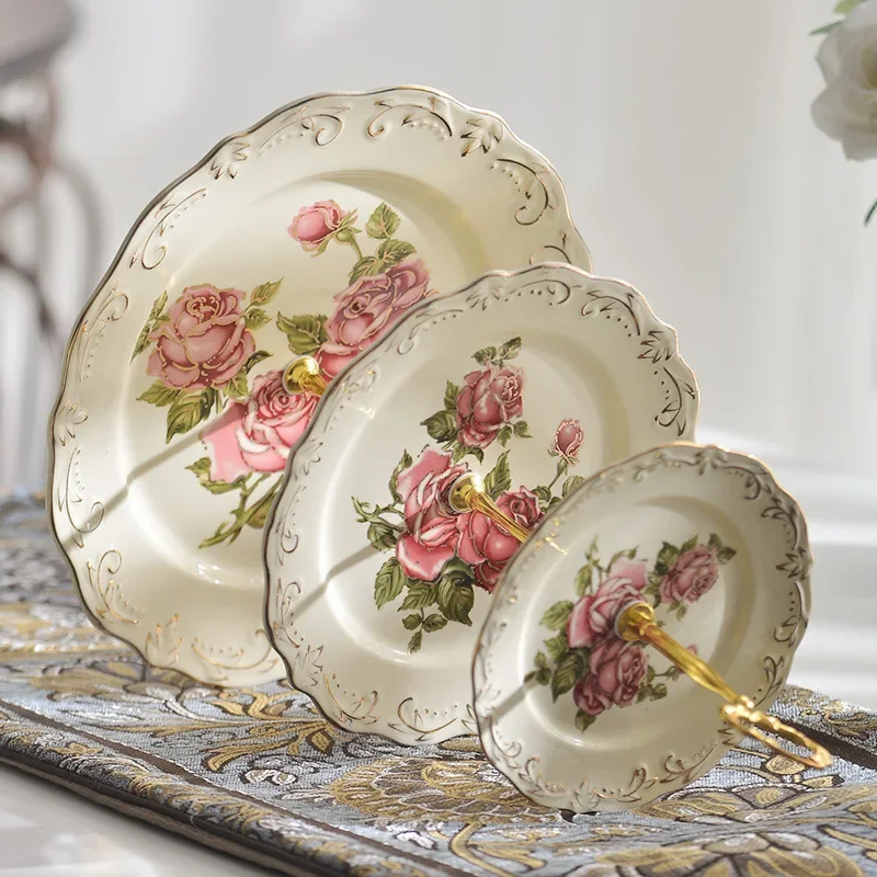 Rose Flower Hand Painted 3 Layer Cake Stand Nordic Dessert Pastry Plate Fruit Snack Dish Tableware Household Kitchenware