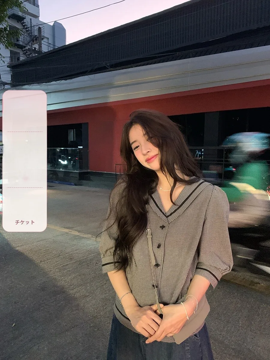 

Sinbounboun Navy Collar Oversize Shirt V-Neck Half Sleeve Breathable Casual Cotton Blend Women's Spring Fashion 2026