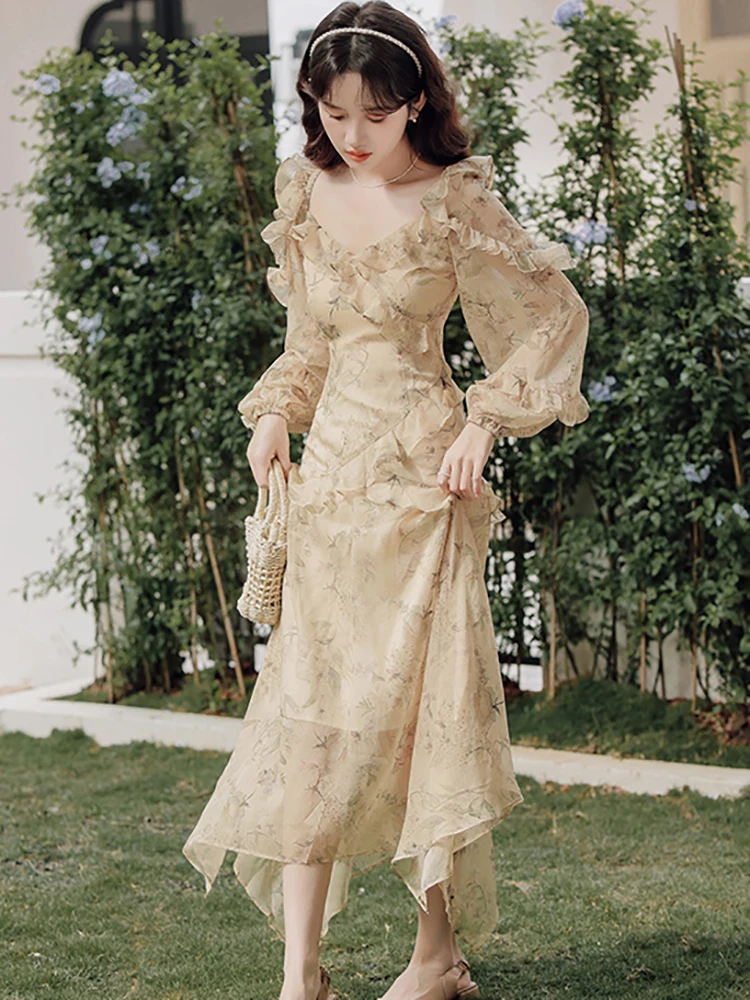 

Autumn Floral Chiffon Chic Ruffled Long Dress 2025 Korean Fashion Casual Holiday Dress Women Long Sleeve Square Collar Vestidos