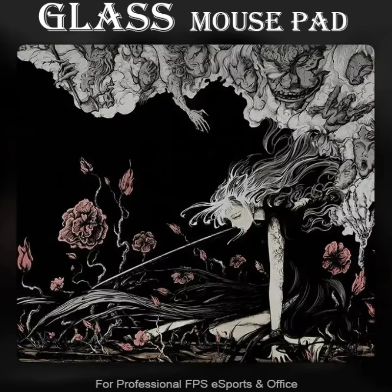 Glass Gaming Mouse Pad Retro Flower Girl Photovoltaic Tempered Upgrade Surface Desk Mat For FPS Office Custom Mat Accessories