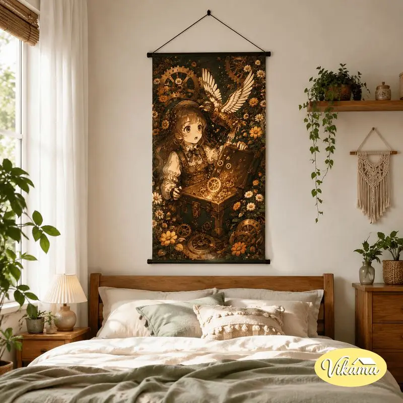 VIKAMA Steampunk Anime Girl Tapestry Mechanical Bird Treasure Box Gear Flower Art Wall Hanging Bedroom Aesthetic Home Decor