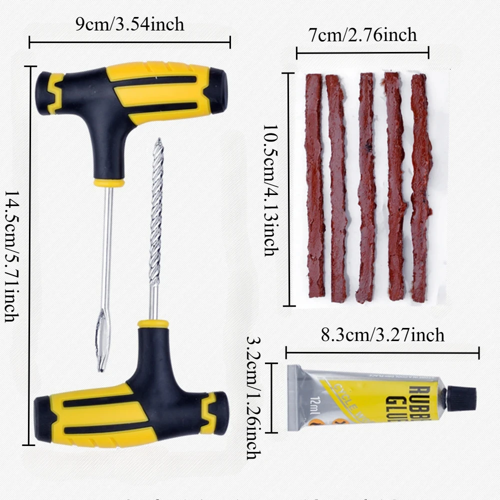 Tire Repair Kit Emergency Tyre Puncture Plug Tool Set with Repair Glue & Rubber Strips for Car Motorcycle Bicycle
