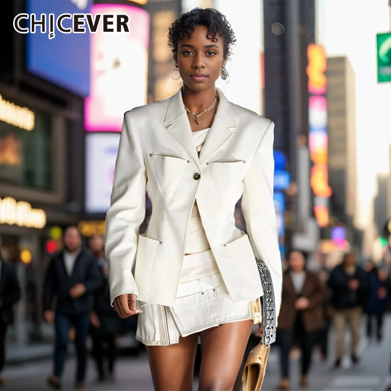 

CHICEVER Solid Patchwork Pocket Casual Blazer For Women Notched Collar Long Sleeve Spliced Button Minimalist Loose Jacket Female