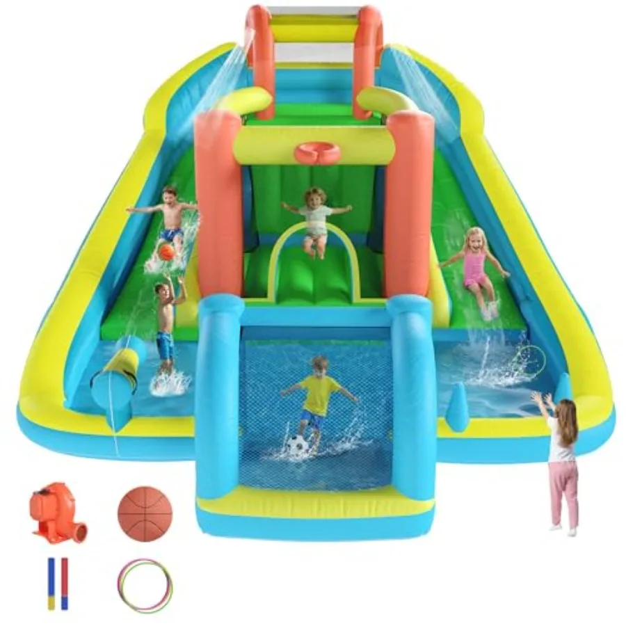 

Надувной батут с двойной горкой, водной пушкой, футбольной сеткой, стена для прыжков и лазания, для детей 3-12 лет, с воздуходувкой.