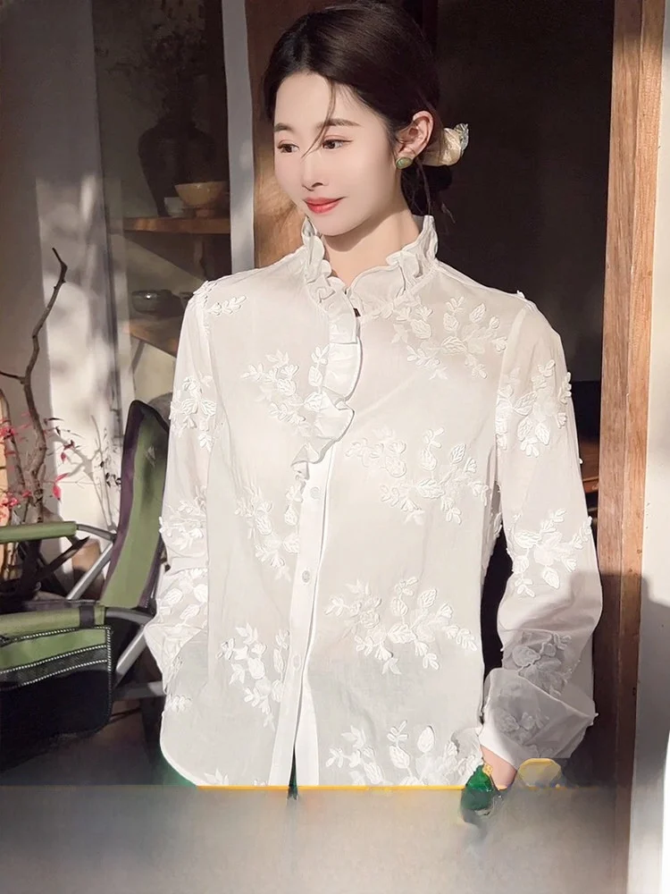 

Pure Cotton Floral Lace Collar Women's irt Spring 2026 Casual Sle Long Sve Breathable Comfortable Chinese New Sle Top