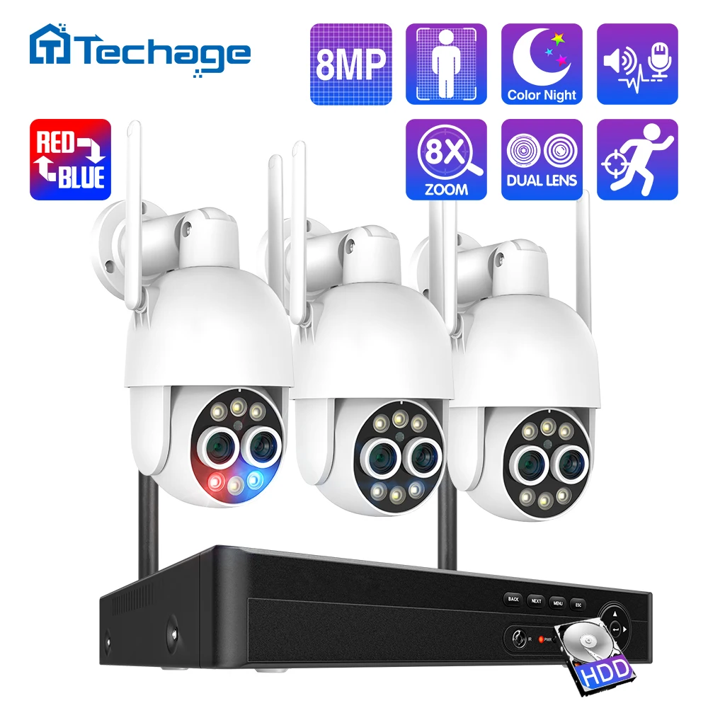 Techage 8CH 8MP PTZ Wireless Surveillance Security System Dual Lens Human Detection Two Way Audio Auto Track WIFI NVR Camera Set