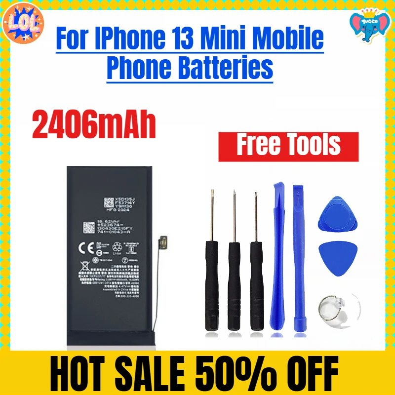 

2406 мАч для IPhone 13 Mini аккумуляторы для мобильных телефонов Бесплатные инструменты