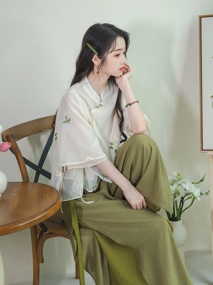 Summer Chinese Style Modified Suit Tops Loose Wide Leg Pants Fairy Style Chinese Style Two-Piece Set for Women