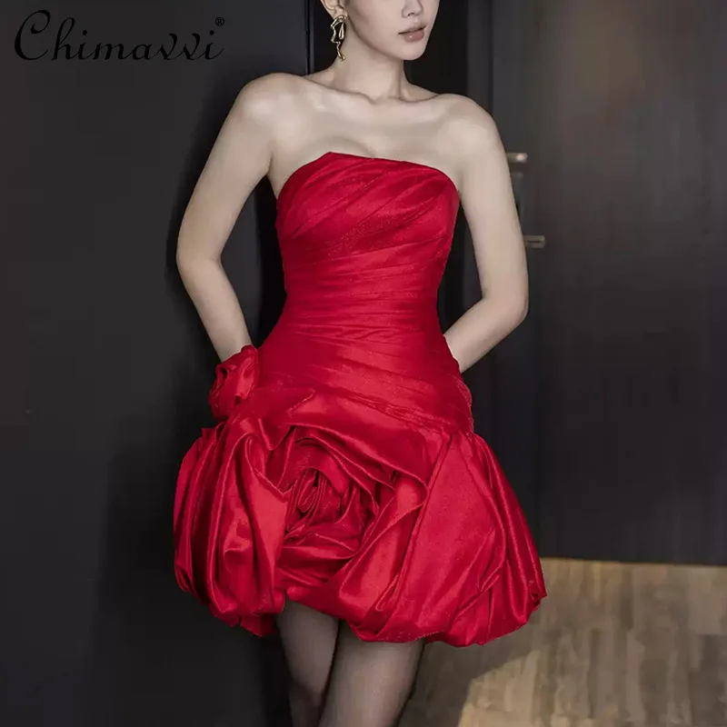 

High-end Celebrity Sexy Tube Top Dress Women's Spring and Summer New Fashion Red Gloss Slim Temperament Party Silky Satin Dress
