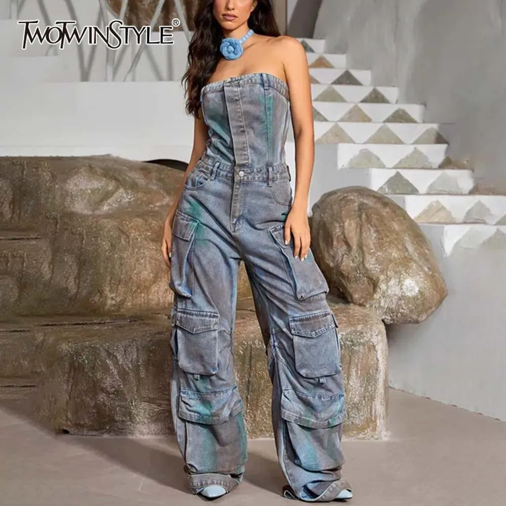 

TWOTWINSTYLE Spliced Pockets Denim Jumpsuits For Women Starpless Sleeveless High Waist Patchwork Buttons Chic Jumpsuit Female