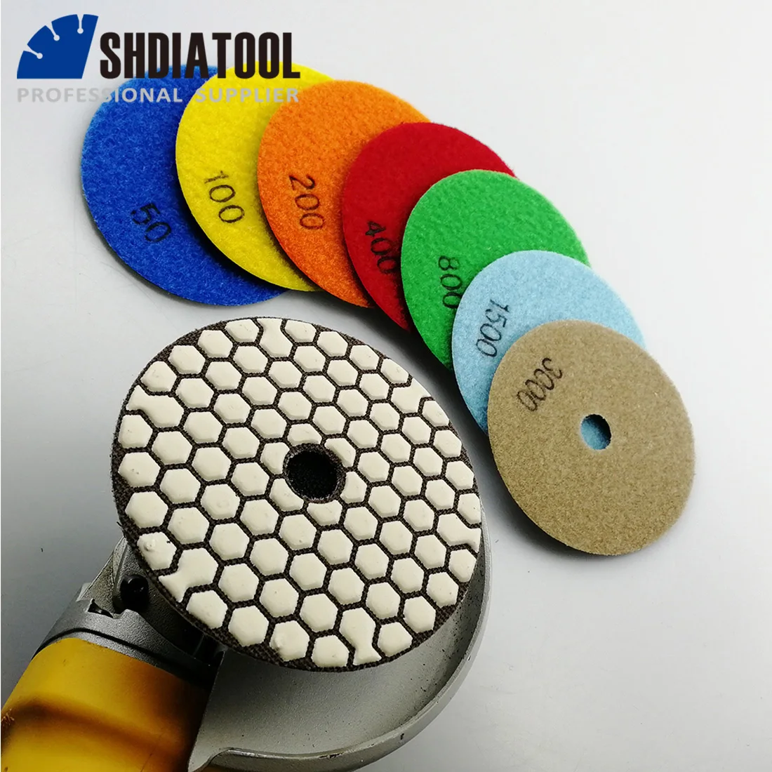 SHDIATOOL 2 Sets 4inch Diamond Flexible Polishing Pads 50-3000 Dry Sanding Disc Marble Granite Terrazzo+2pcs Plastic Foam Backer