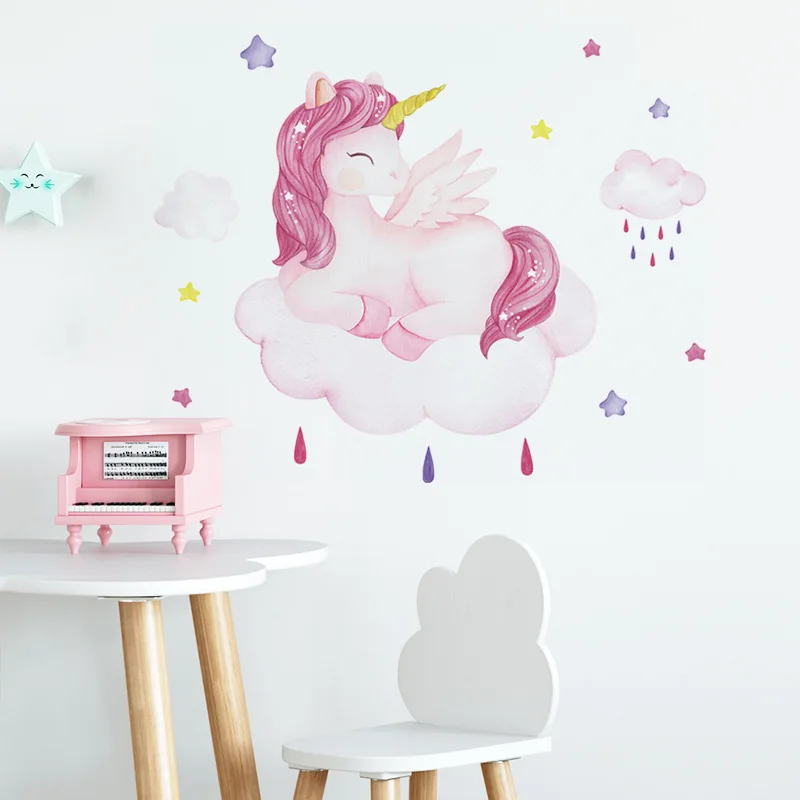 Smiling Unicorn Wall Stickers  Background Wall for Kids room Girls room Decor Vinyl Wall Removable Decals for Nursery Home Decor