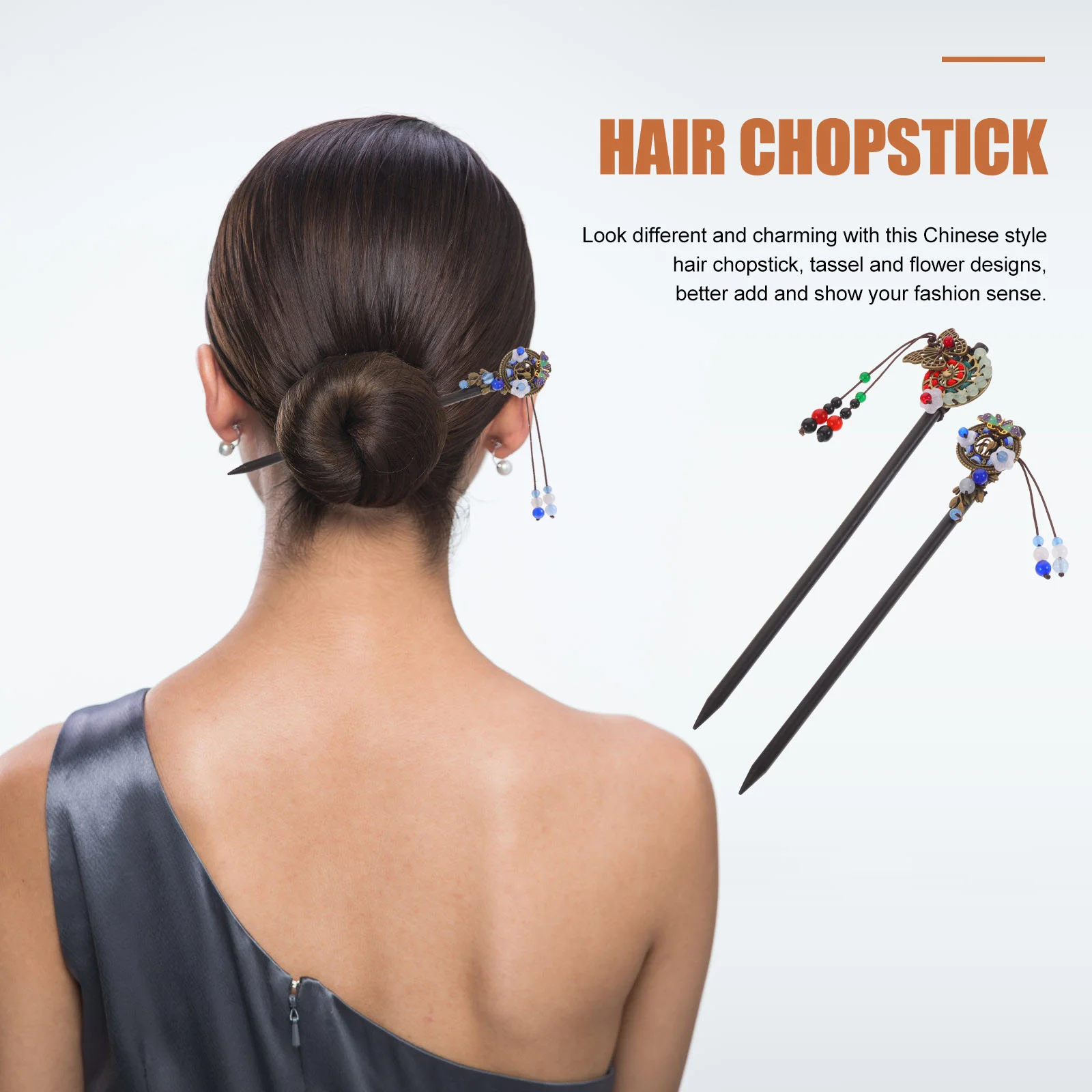 Vintage Bridal Hairpin Chopsticks para Mulheres, Acessórios de Cabelo, Stick Bun Chapelaria, Tassel Chopstick, Madeira Metal, Casamento, 2 Pcs