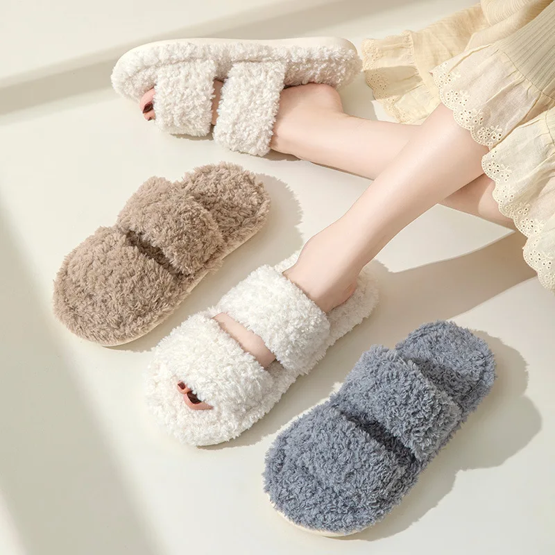 

Home Slippers INS Women's Double Bar Fuzzy Cotton Slippers Household Curly Hair Indoor Open Toe Fluffy Slippers