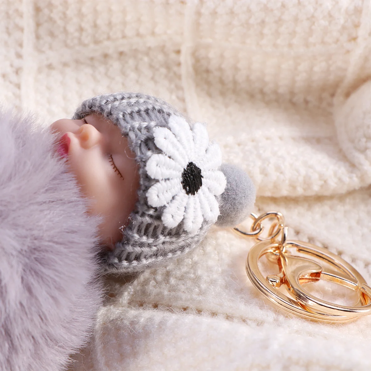

Sleeping Keychain Ball Pompom Pendant Light Grey Charm Key Ring Bag Car Phone Wallet Organizer Gift for Women