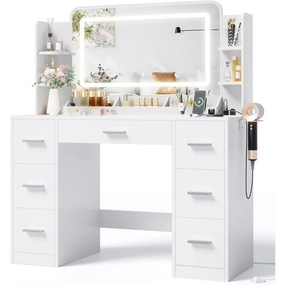 JUMMICO Makeup Vanity Desk Large LED Mirror Power Strip Hairdryer Holder 6 Shelves 7 Drawers Modern Dressing Table Bedroom White
