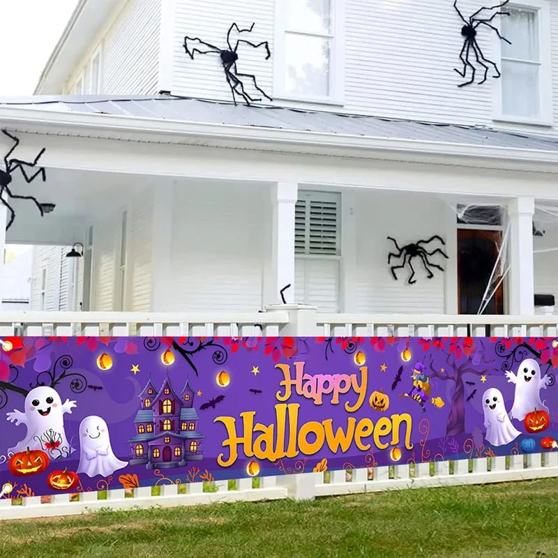 Happy Halloween Banner 200cm Long Hanging Halloween Banner with Pumpkin Ghost Terror Theme Party Decor for Yard Indoor Outdoor