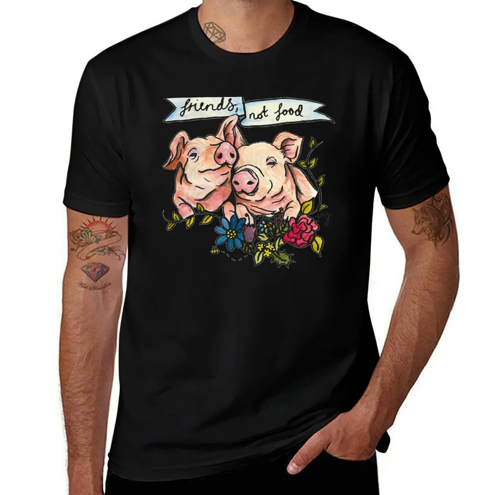 Friends, not Food' Pig Veggie Vegan Illustration T-Shirt Casual Holiday Short Sleeve Tee