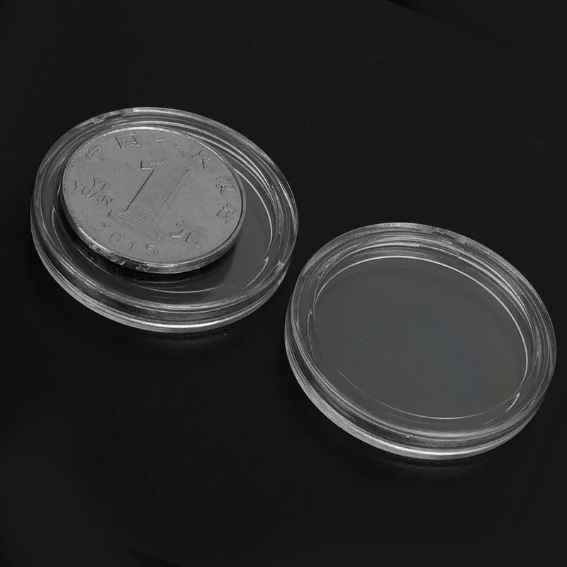 Capsules rondes transparentes en plastique, 100 pièces, 16/18/20/21/23/24/26/28/30/33/38mm, support de collecte de pièces de monnaie, conteneur de stockage