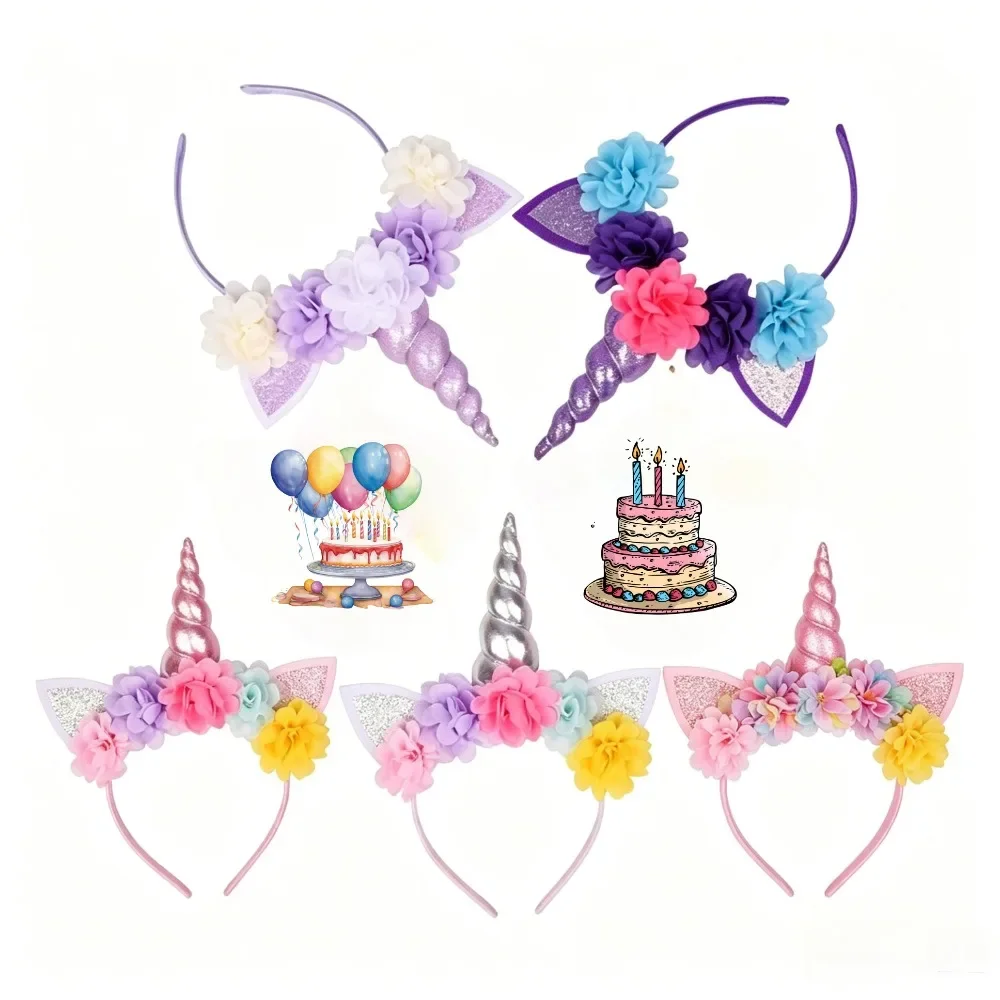 Fairy Floral Unicorn Horn Headpiece Girls Flower Hair Hoop Stylish Celebration Party Headdress Cosplay Photo Shoot Accessories