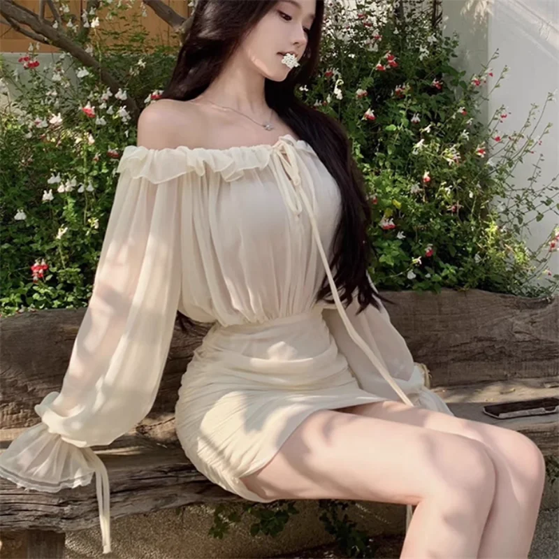 Mini robe crayon plissée abricot, Sexy, sans bretelles, manches longues évasées, col Slash, Slim, épaules dénudées, robe courte de Ballet