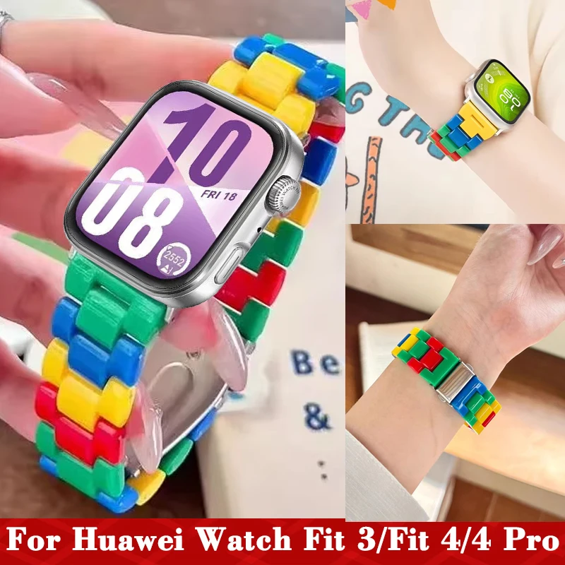 Correa de resina de caramelo arcoíris para Huawei Watch Fit 4 Fit 4 Pro, Correa para mujer, Correa para Huawei Watch Fit 3, Correa de reloj colorida