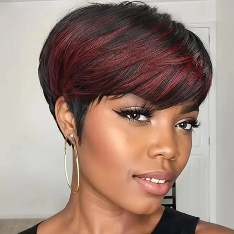 짧은 스트레이트 픽시컷 가발 블랙 버건디 보브 가발 앞머리 포함 기계 제작 브라질 레미 인모 가발 흑인 여성용