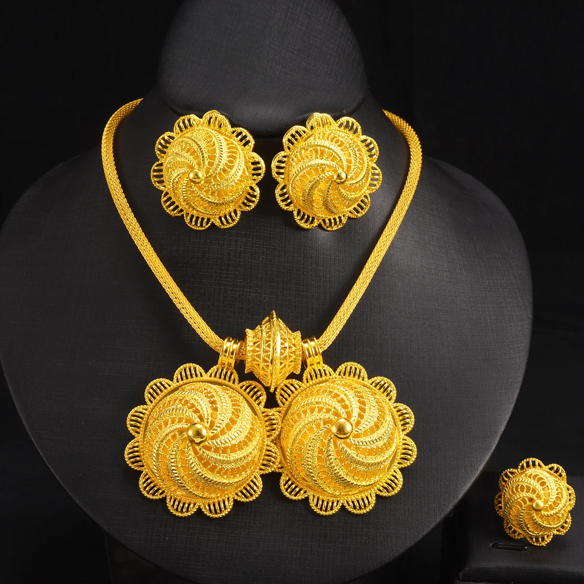 Eritrean Golden Color Jewelry Set Hollow-out Flower Whirlwind style Double Pendant 3-Piece Set Ethiopian Wedding Jewelry Gifts