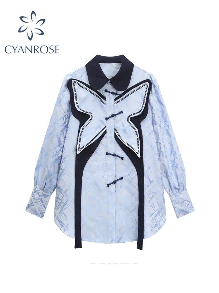 Vintage 2022 Autumn New Lapel Collar Long Sleeve Blue Blouse Bow Decoration Shirt Women Elegant Ladies Button Up Tide Chic Tops