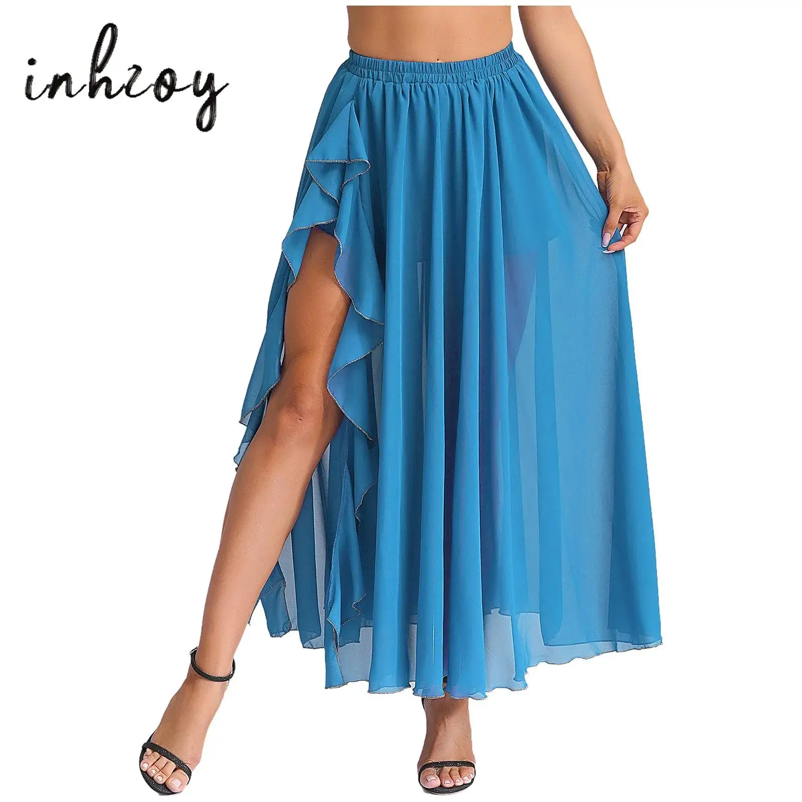 

Womens Flowy Chiffon Belly Dance Skirt Elastic Waistband Cascading Ruffles Side Split Swing Skirt Ballroom Lyrical Dance Costume