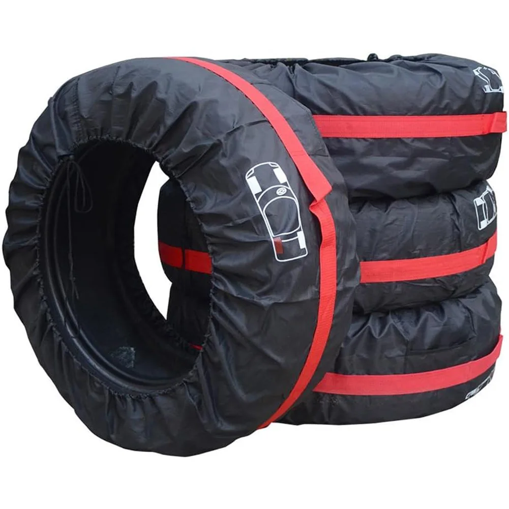 4 Pieces Tire Storage Bags Red and Black Waterproof Dustproof Covers for 18 to 22 Inch Tires with Adjustable Fit