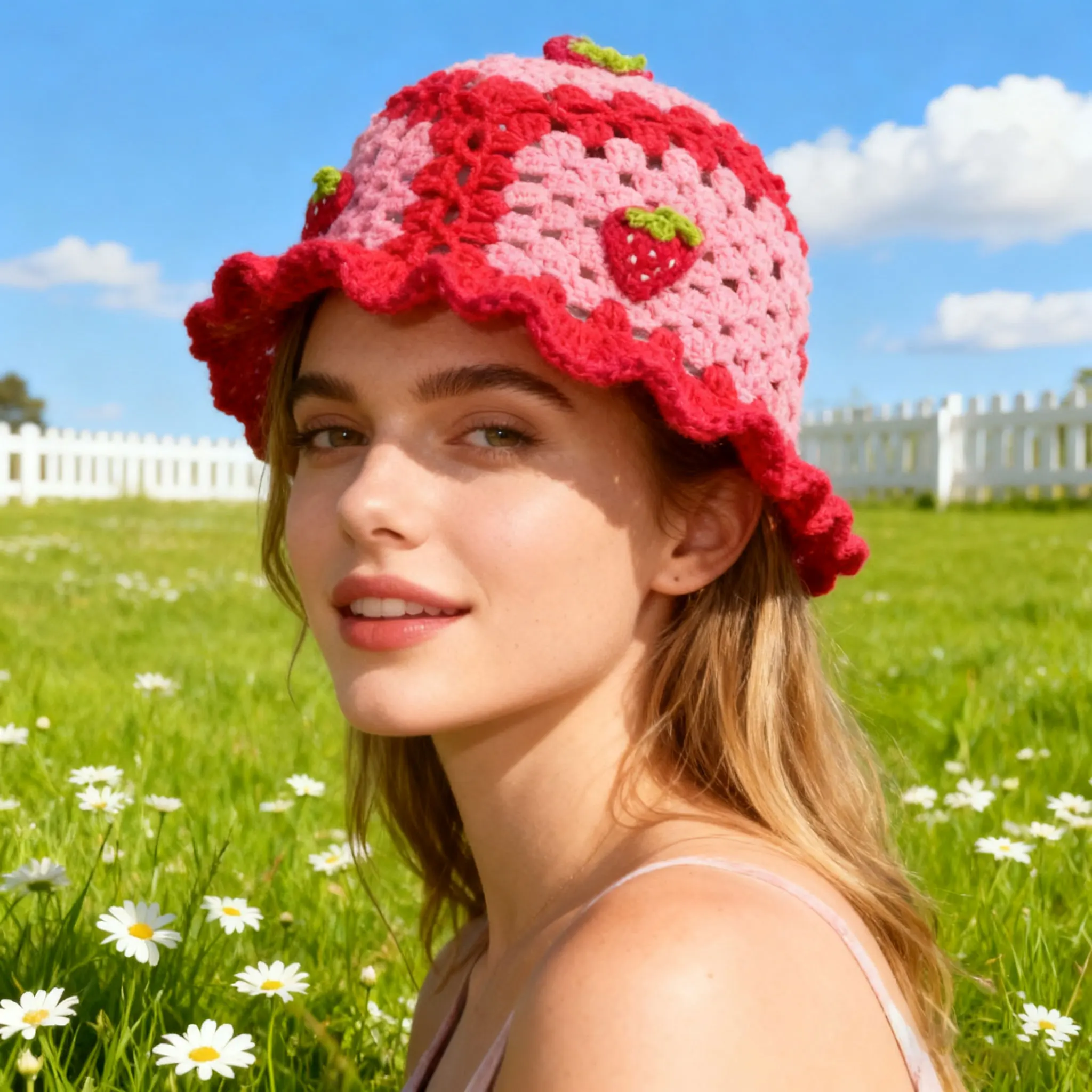 قبعة دلو كروشيه مصنوعة يدويًا على شكل فراولة - قبعة شتوية دافئة كلاسيكية لطيفة للنساء، إكسسوار أنيق للطقس البارد #1