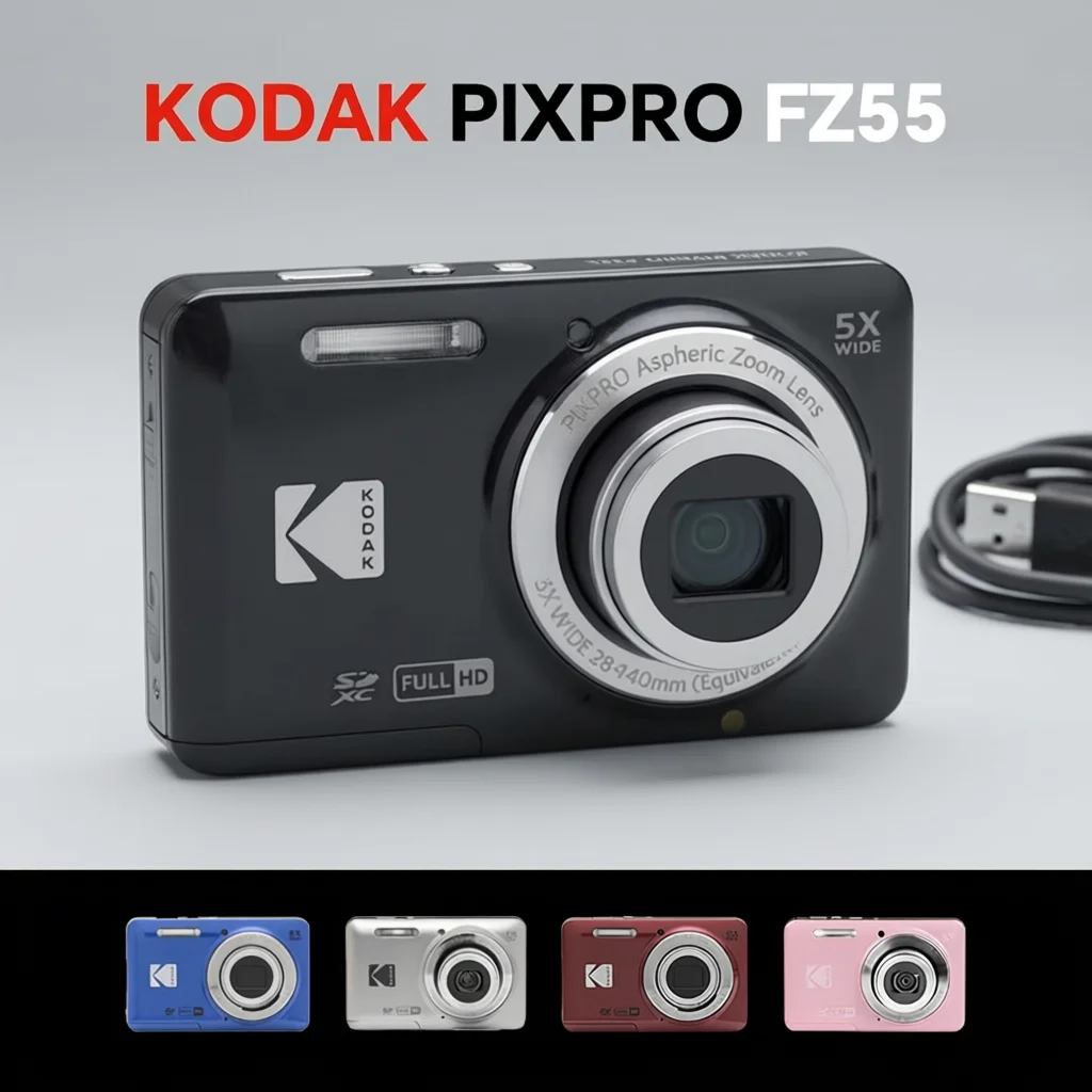 KODAK PIXPRO FZ55 16MP Digital Camera 5X Optical Zoom 28mm Wide Angle 1080P Full HD Video 2.7" LCD Vlogging Camera