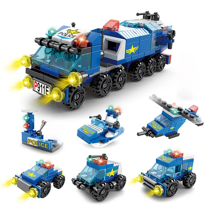 6in1 NEW Police Sports Car Fire Engineering Engine Mini Loader Truck Classic Model Building Blocks Sets Bricks Toy City