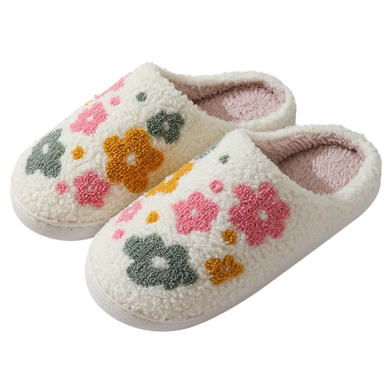 Winter Lovely Women Slippers Girls Fashion Flowers Home Slides Couples Plush Warm Soft Flat Shoes Christmas Zapatos De Mujer