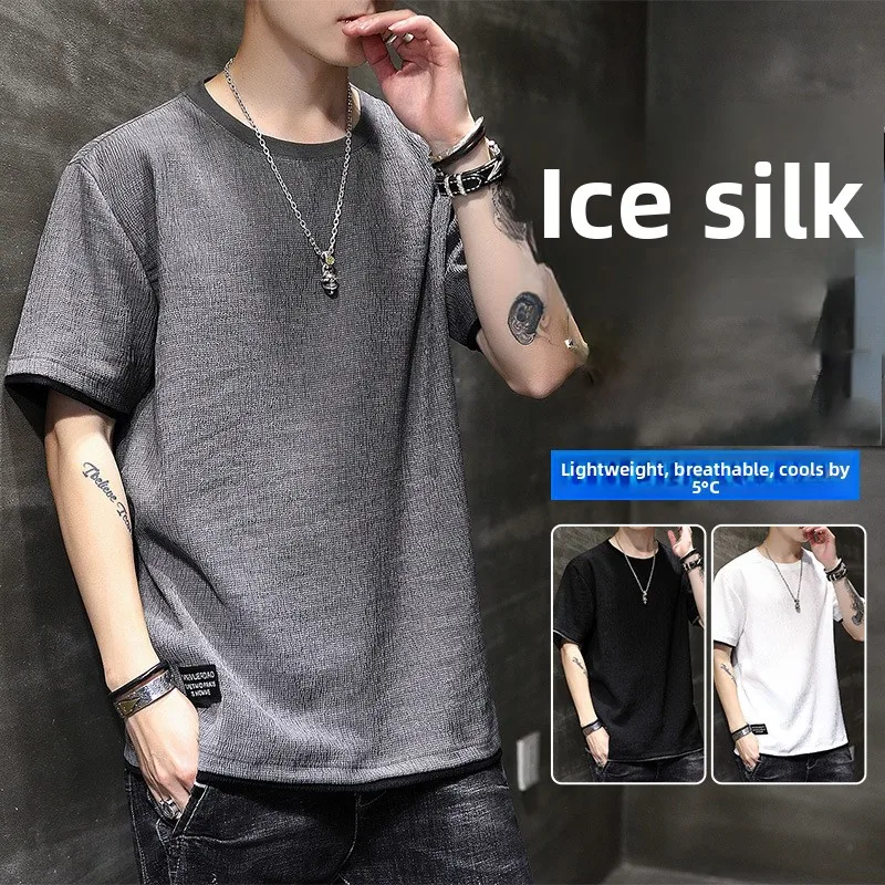 

Summer Ice Silk Feel Short Sleeve Men's T-Shirt Cotton Linen Loose Fit Half Sleeve Body Tee Thin Trendy Men's Clothing