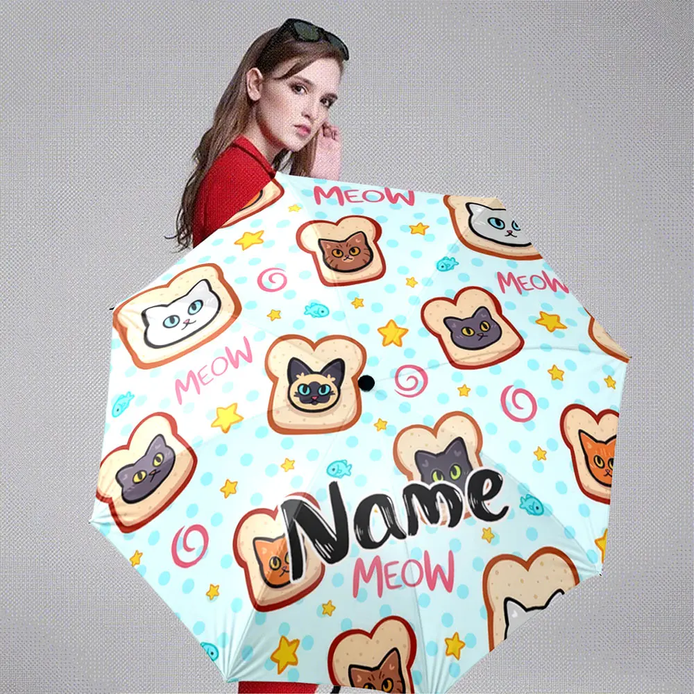 Custom Name Umbrella Cute Cartoon Cats in Bread Pattern Umbrella - Fun & Colorful Design Portable Folding Umbrella, Gift