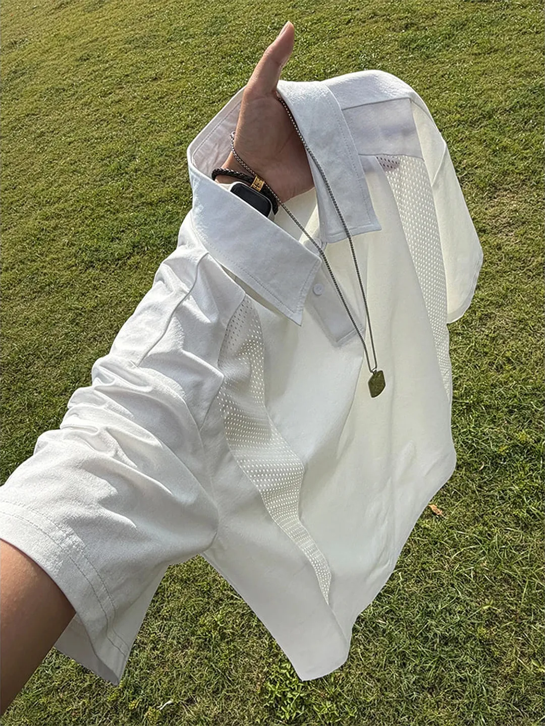Men's American Casual Mesh Polo Shirt Hollow-out Patchwork Summer Breathable Cool Touch Short Sleeve Oversized Streetwear Top